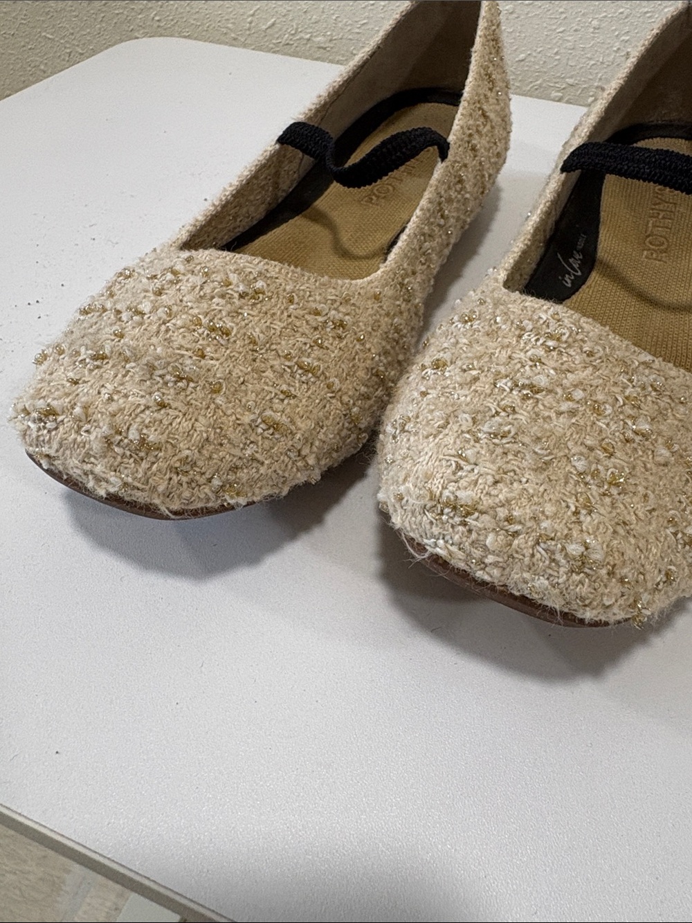 Rothy's Cream Tweed Ballet Flats with Black Elastic Strap and Blue Heel Tab - Picture 3 of 8